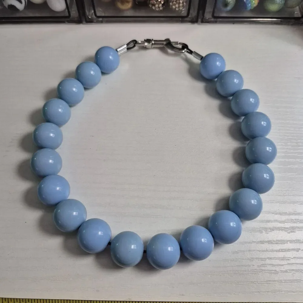 Handmade Ocean Blue Beaded Dog Puppy Collar Necklace Jewelry Durable Acrylic 18